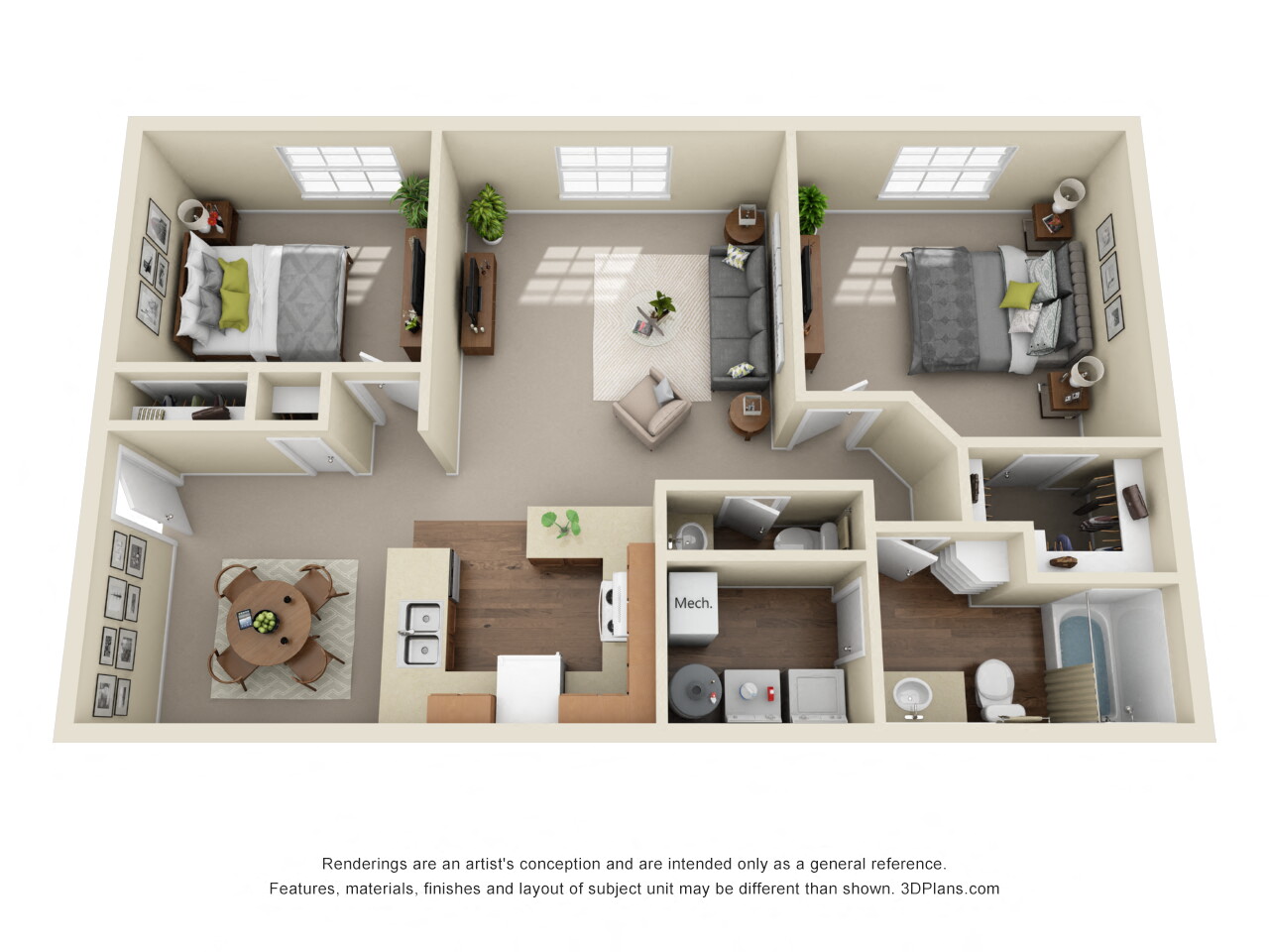 Floor plan for 2 beds, 1.5 baths, 987 sqft